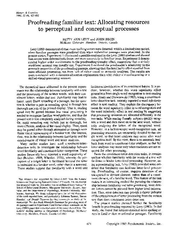 (PDF) Proofreading familiar text: Allocating resources to perceptual ...