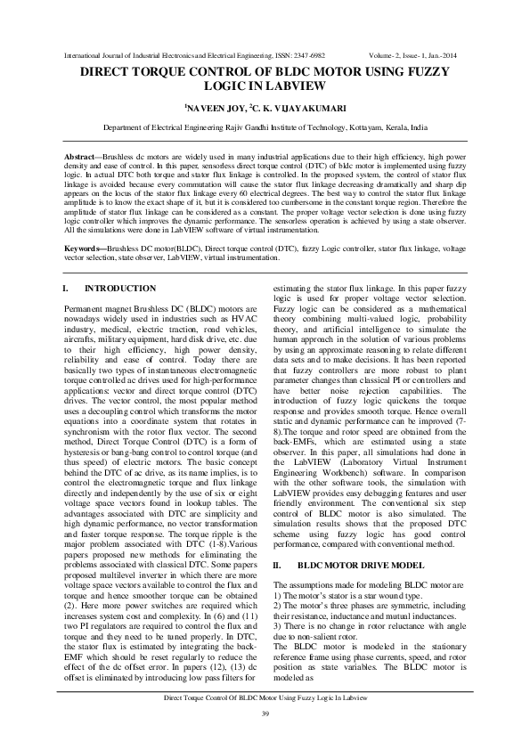 (PDF) Direct Torque Control of BLDC Motor Using Fuzzy Logic in Labview