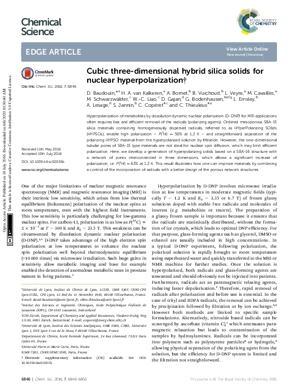 Cubic three-dimensional hybrid silica solids for nuclear hyperpolarization