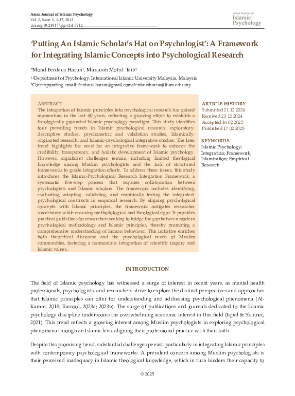 (PDF) 'Putting An Islamic Scholar's Hat on Psychologist': A Framework ...