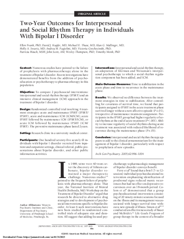 (PDF) Two-Year Outcomes for Interpersonal and Social Rhythm Therapy in ...