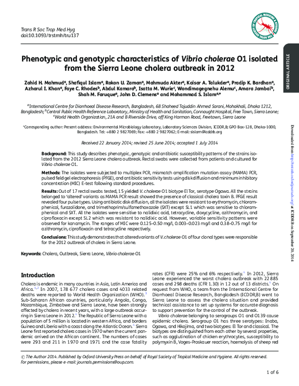 (PDF) Phenotypic and genotypic characteristics of Vibrio cholerae O1 ...