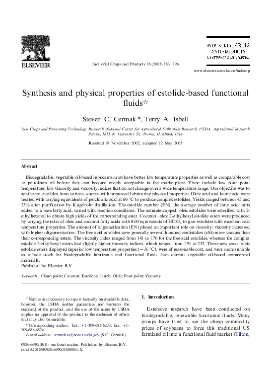 (PDF) Synthesis and physical properties of estolide-based functional fluids