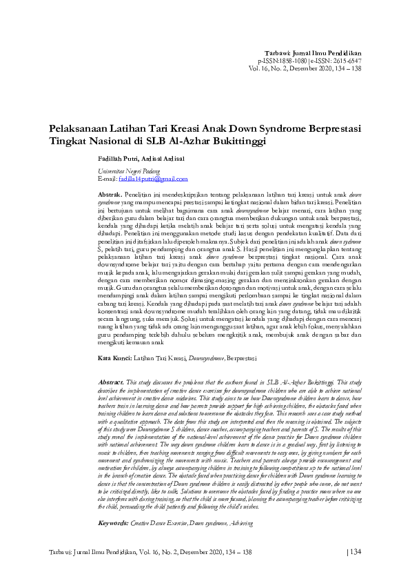 (PDF) Pelaksanaan Latihan Tari Kreasi Anak Down Syndrome Berprestasi ...