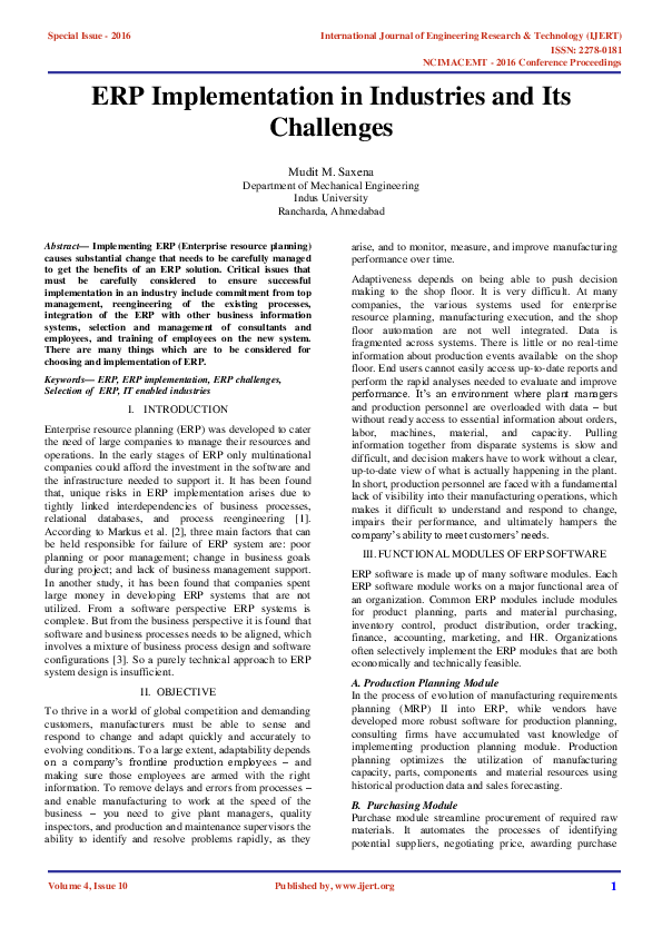 (PDF) ERP Implementation in Industries and Its Challenges