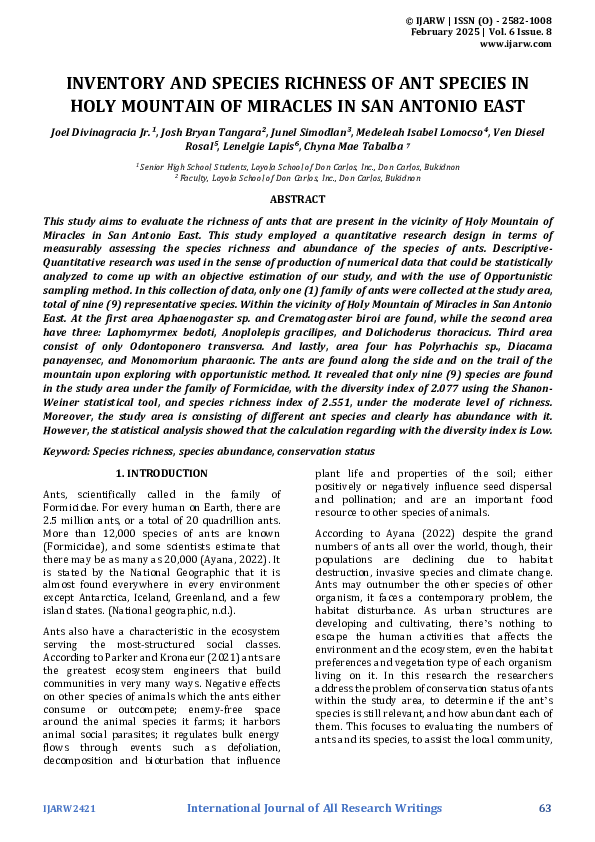 (PDF) INVENTORY AND SPECIES RICHNESS OF ANT SPECIES IN HOLY MOUNTAIN OF ...