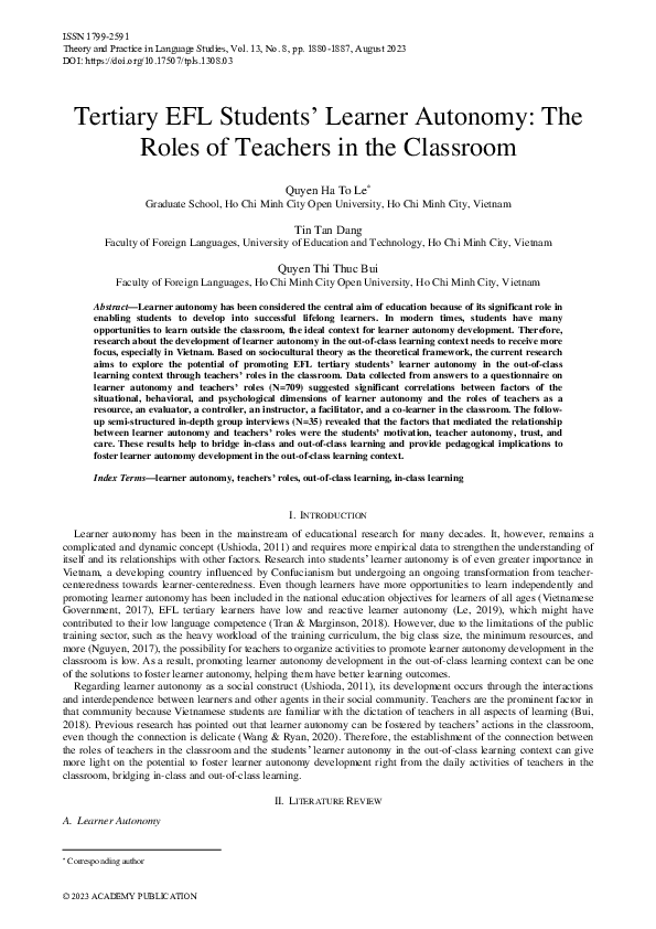 (PDF) Tertiary EFL Students’ Learner Autonomy: The Roles of Teachers in ...