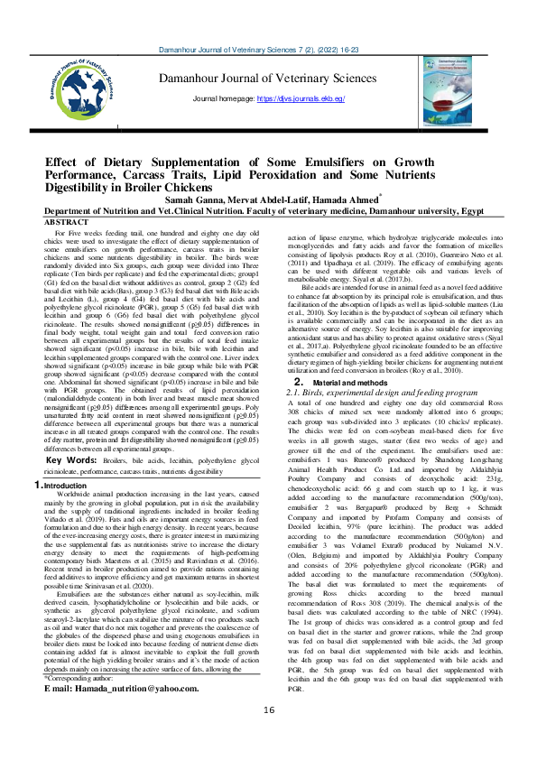 (PDF) Effect of Dietary Supplementation of Some Emulsifiers on Growth ...