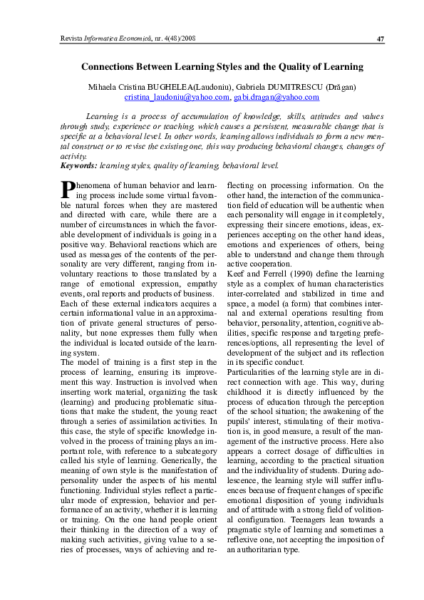 (PDF) Connections Between Learning Styles and the Quality of Learning