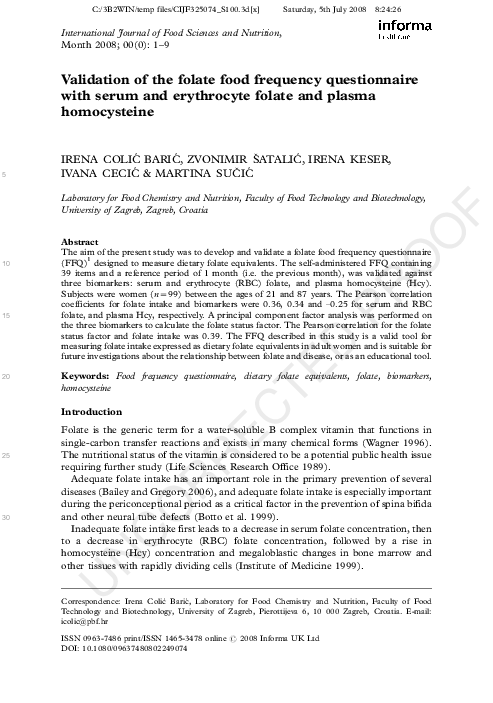 (PDF) Validation of the folate food frequency questionnaire with serum ...