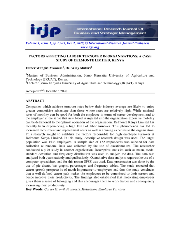 (PDF) Factors Affecting Labour Turnover in Organizations: A Case Study ...