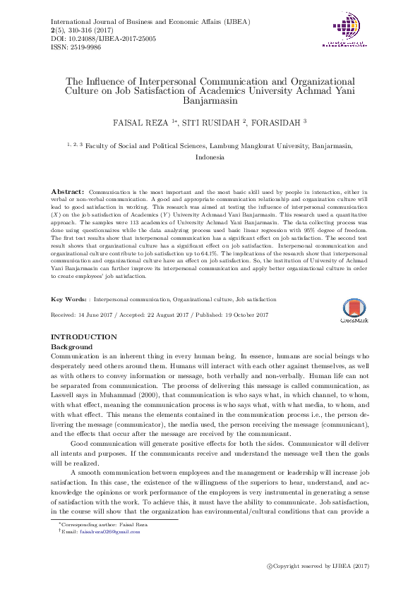 (PDF) The Influence of Interpersonal Communication and Organizational ...