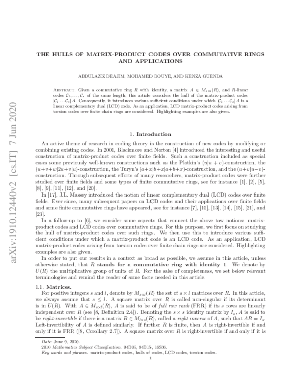(PDF) The Hulls of Matrix-Product Codes over Commutative Rings and ...