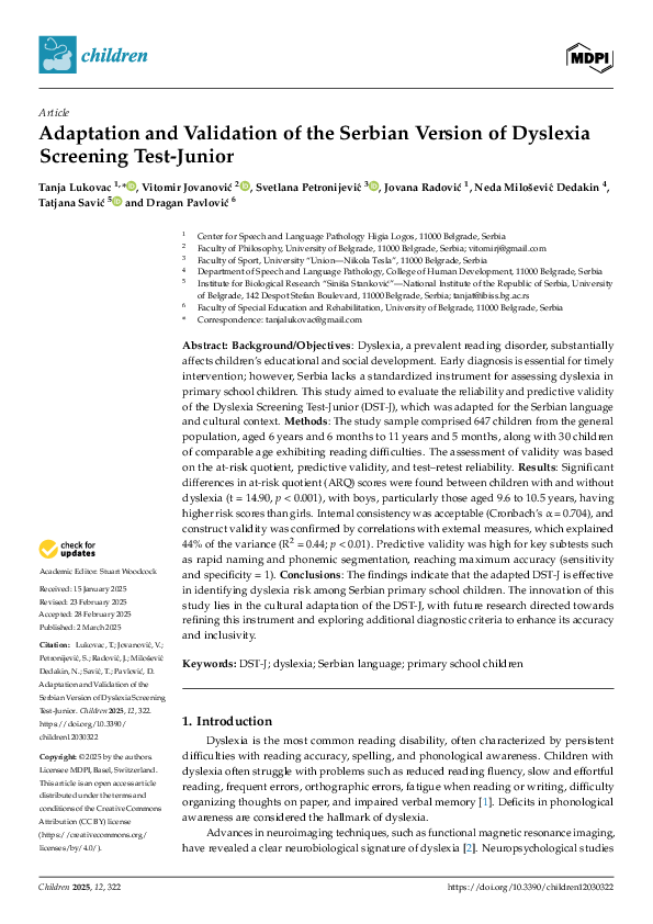 (PDF) Adaptation and Validation of the Serbian Version of Dyslexia ...