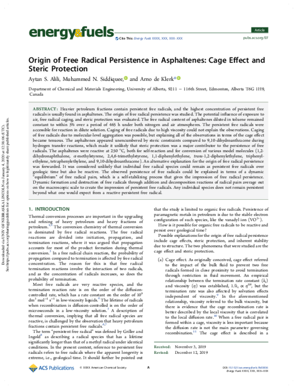 (PDF) Origin of Free Radical Persistence in Asphaltenes: Cage Effect ...