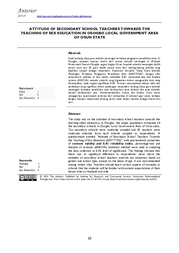 (PDF) Attitude Of Secondary School Teachers Towards The Teaching Of Sex ...