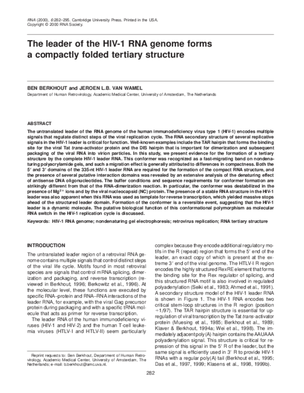 (PDF) The leader of the HIV-1 RNA genome forms a compactly folded ...