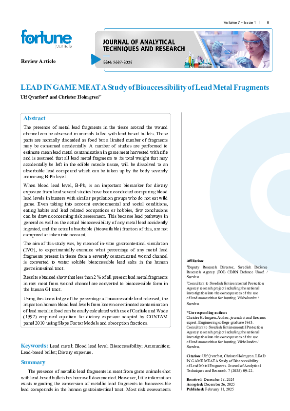 (PDF) LEAD IN GAME MEAT A Study of Bioaccessibility of Lead Metal Fragments