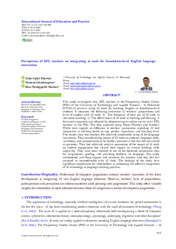 (PDF) Perceptions of EFL teachers on integrating ai tools for ...
