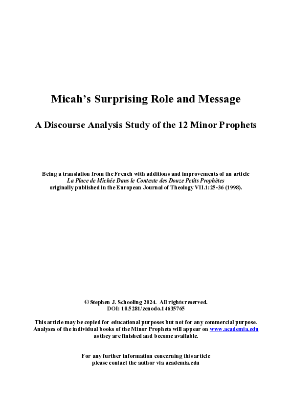 (PDF) Micah’s Surprising Role and Message - A Discourse Analysis of the ...