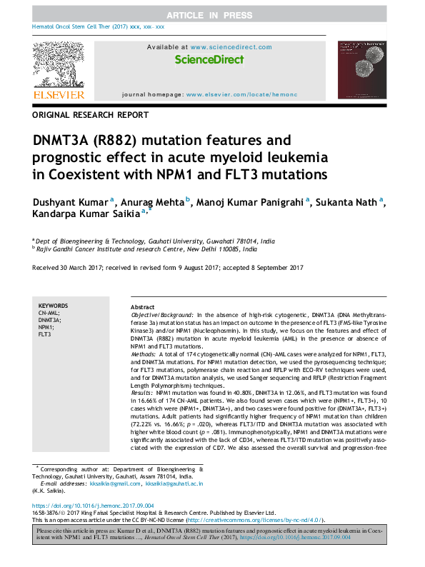 (PDF) DNMT3A (R882) mutation features and prognostic effect in acute ...