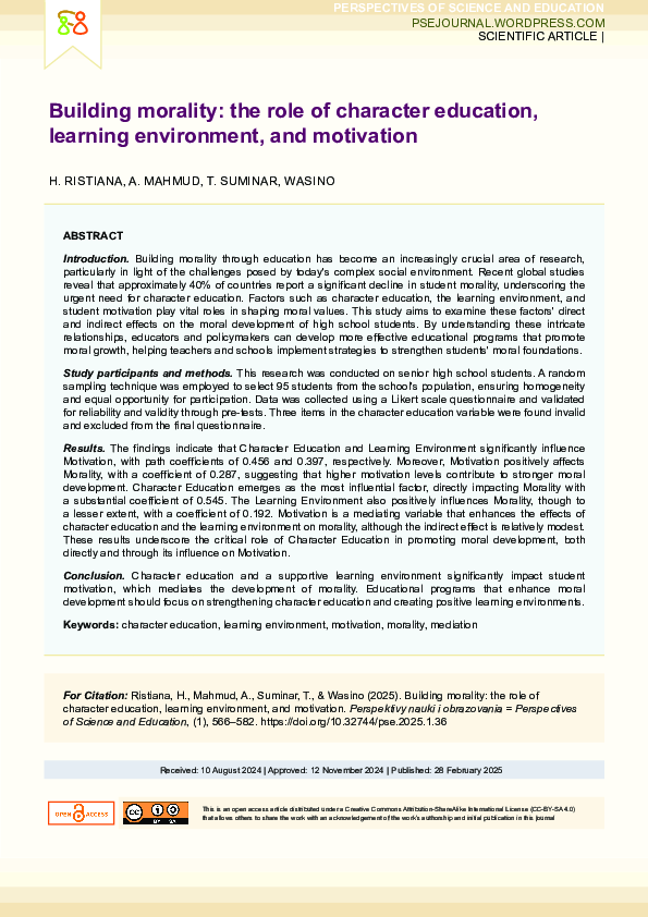 (PDF) Building morality: the role of character education, learning ...
