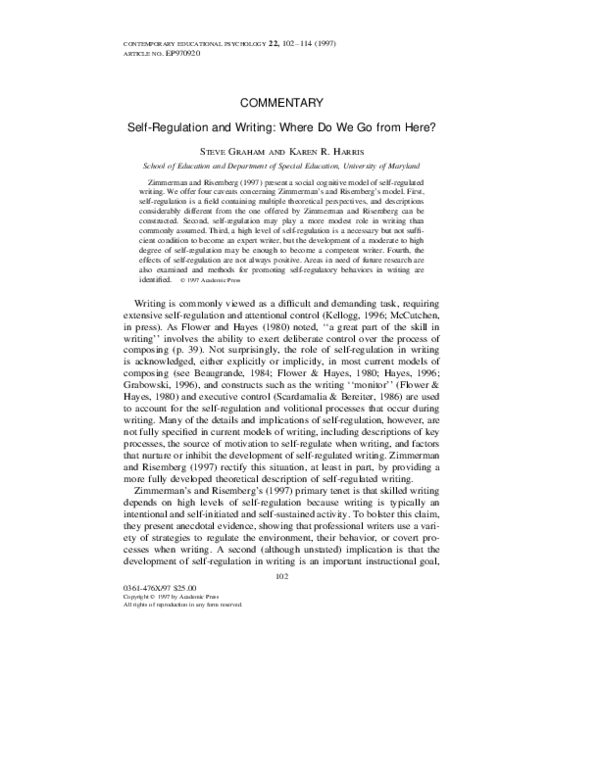 (PDF) Self-Regulation and Writing: Where Do We Go from Here?