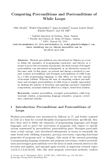 (PDF) Computing Preconditions and Postconditions of While Loops