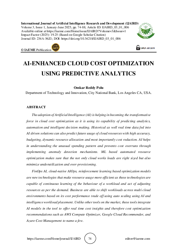 (PDF) AI-ENHANCED CLOUD COST OPTIMIZATION USING PREDICTIVE ANALYTICS