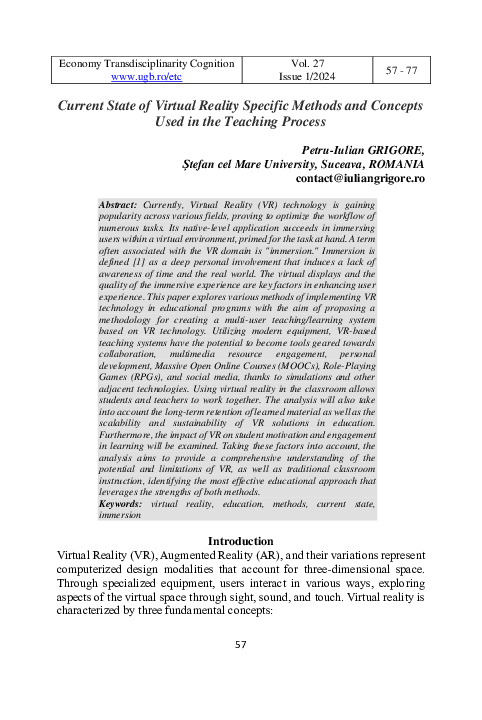 (PDF) Current State of Virtual Reality Specific Methods and Concepts ...