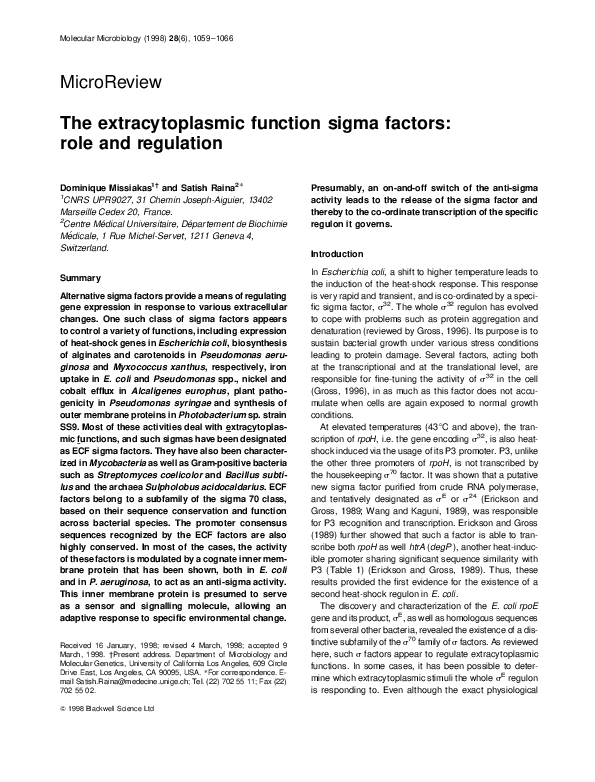 (PDF) The extracytoplasmic function sigma factors: role in bacterial ...