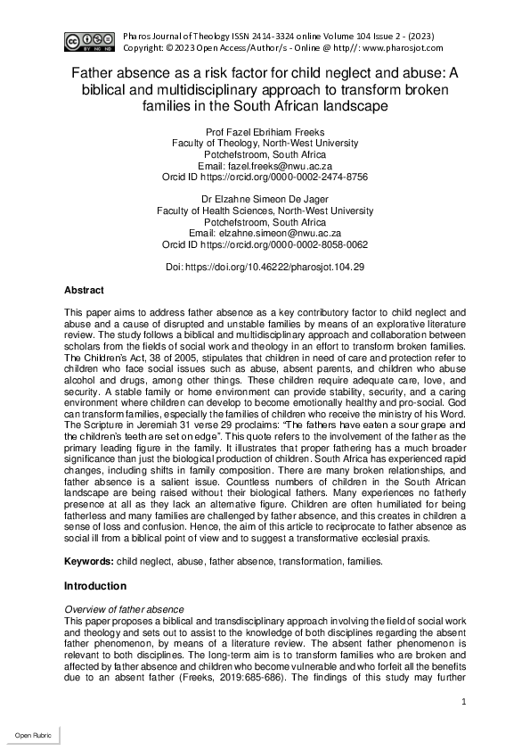 (PDF) Father absence as a risk factor for child neglect and abuse: A ...