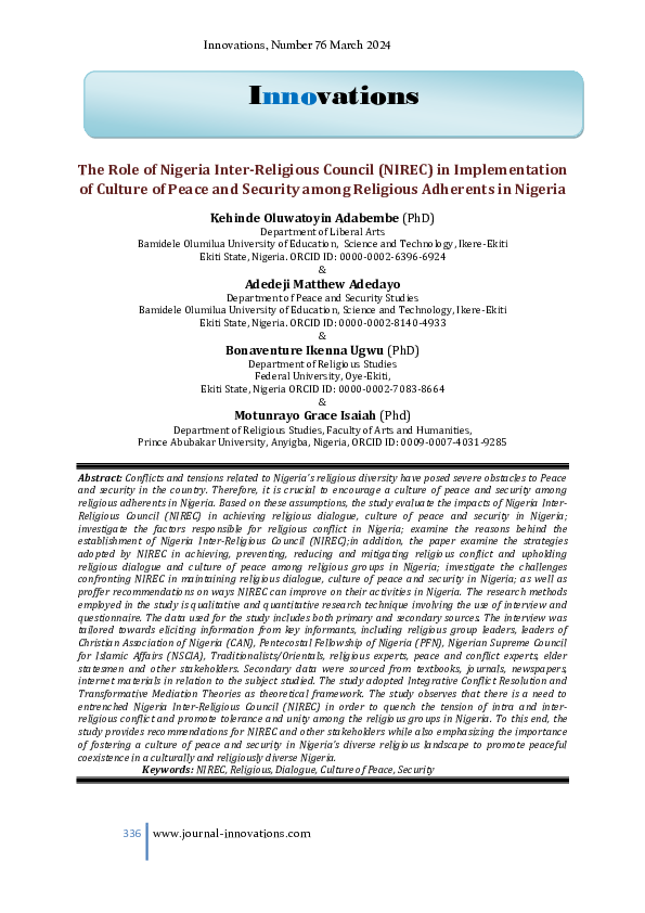 (PDF) The Role of Nigeria Inter-Religious Council (NIREC) in ...