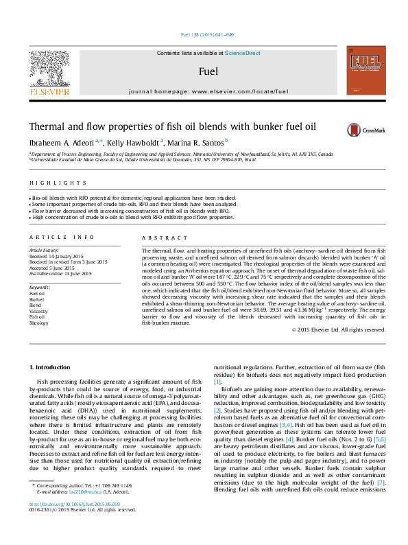 (PDF) Thermal and flow properties of fish oil blends with bunker fuel oil