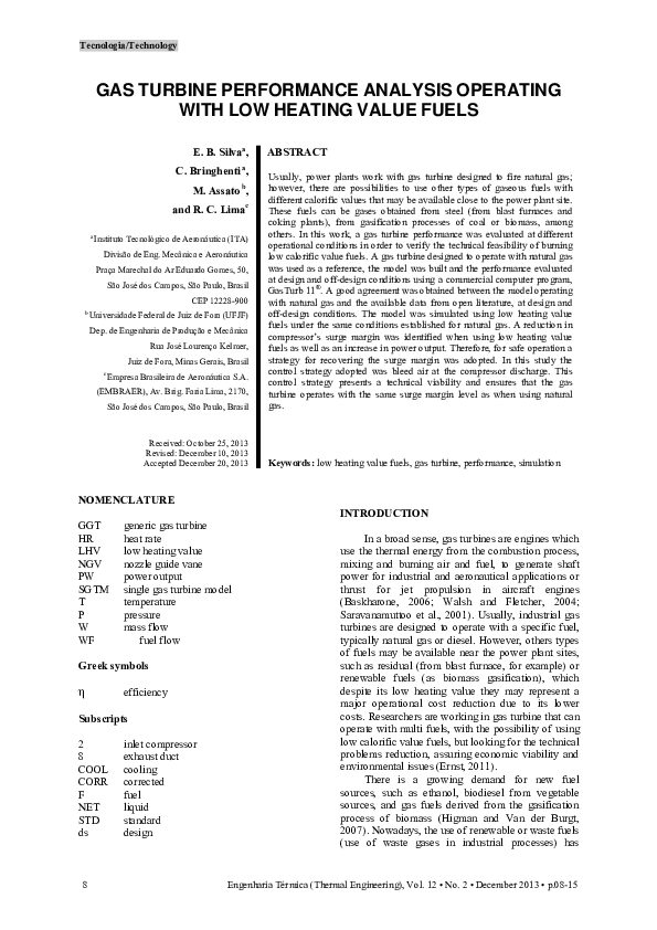 (PDF) Gas Turbine Performance Analysis Operating with Lowheating Value ...