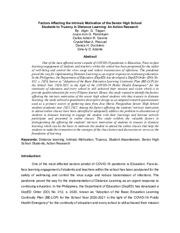 (PDF) Factors Affecting the Intrinsic Motivation of Senior High School ...