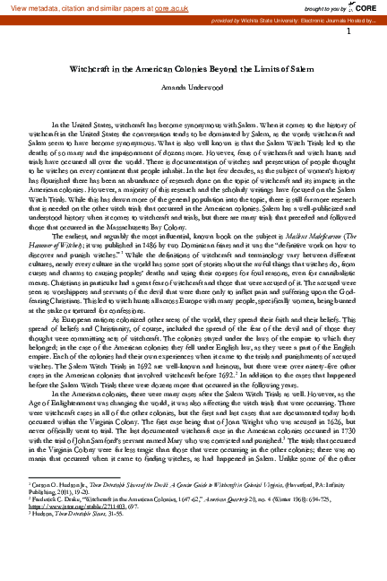 (PDF) Witchcraft in the American Colonies Beyond the Limits of Salem