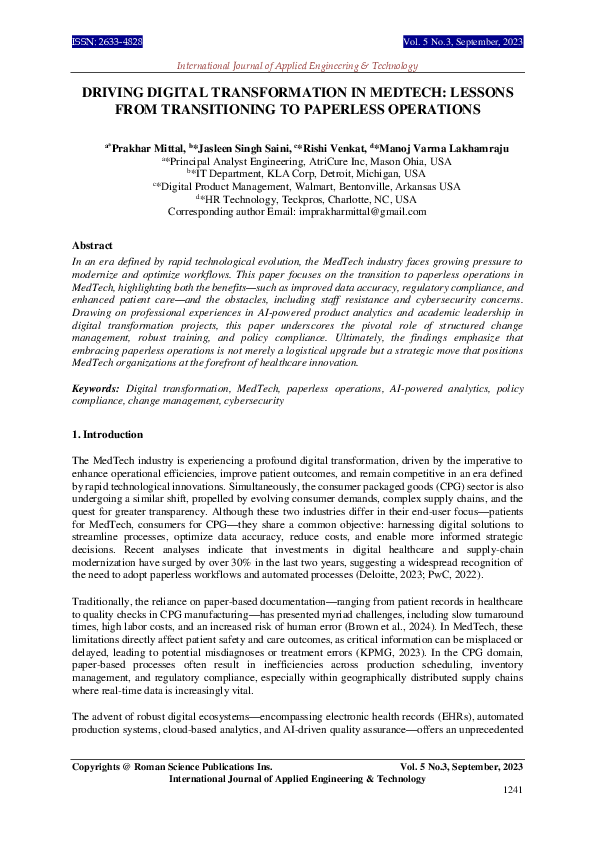 (PDF) DRIVING DIGITAL TRANSFORMATION IN MEDTECH: LESSONS FROM ...