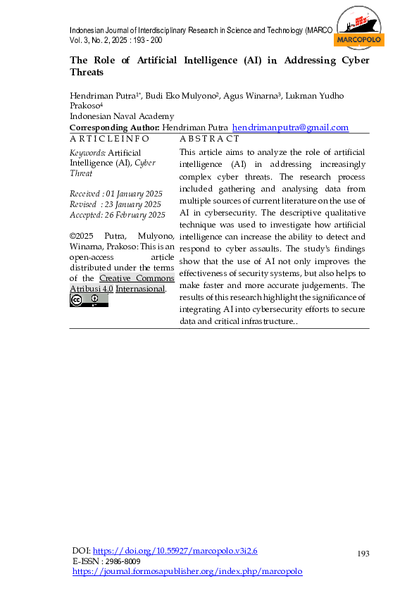 (PDF) The Role of Artificial Intelligence (AI) in Addressing Cyber Threats