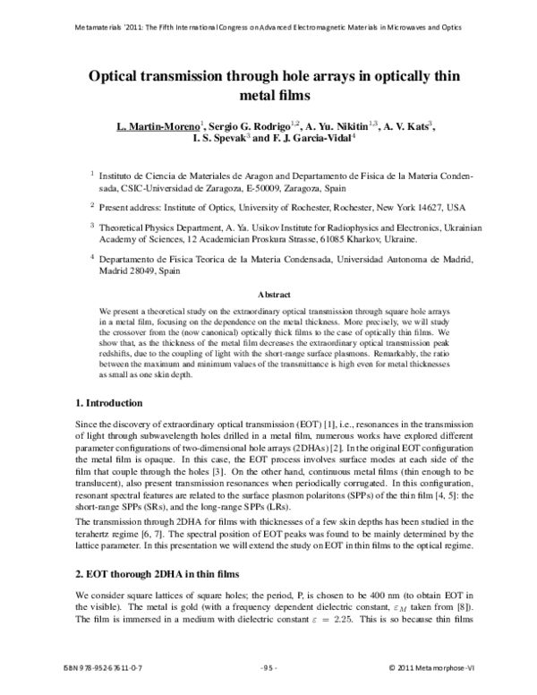 (PDF) Extraordinary optical transmission through hole arrays in ...