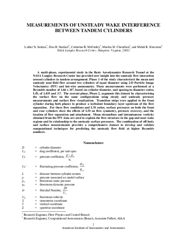 (PDF) Measurements of Unsteady Wake Interference Between Tandem Cylinders