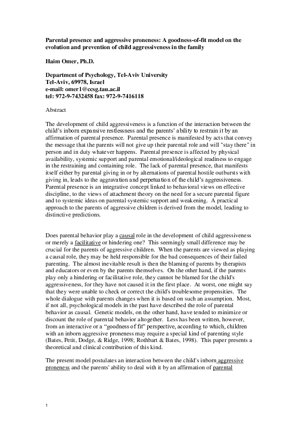 (PDF) Parental presence and aggressive proneness : A goodness-offit ...