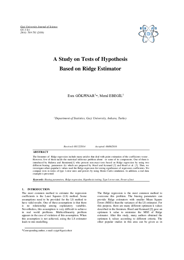 (PDF) A Study on Tests of Hypothesis Based on Ridge Estimator