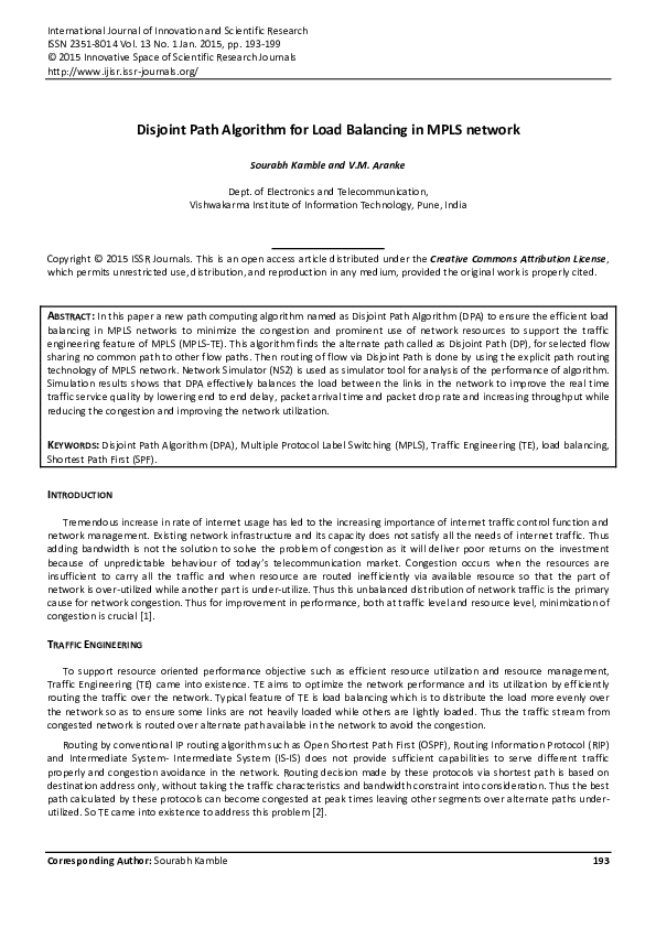 (PDF) Disjoint Path Algorithm for Load Balancing in MPLS network