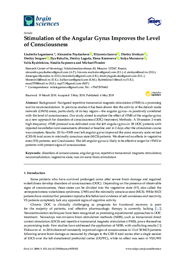 (PDF) Stimulation of the Angular Gyrus Improves the Level of Consciousness