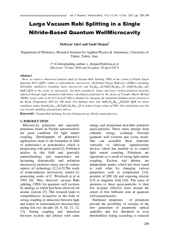(PDF) Large Vacuum Rabi Splitting in a Single Nitride-Based Quantum ...