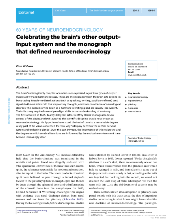 (PDF) 60 YEARS OF NEUROENDOCRINOLOGY: Celebrating the brain's other ...