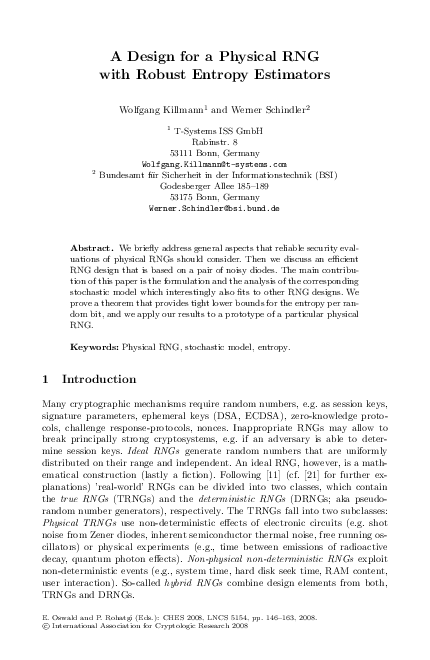 (PDF) A Design for a Physical RNG with Robust Entropy Estimators