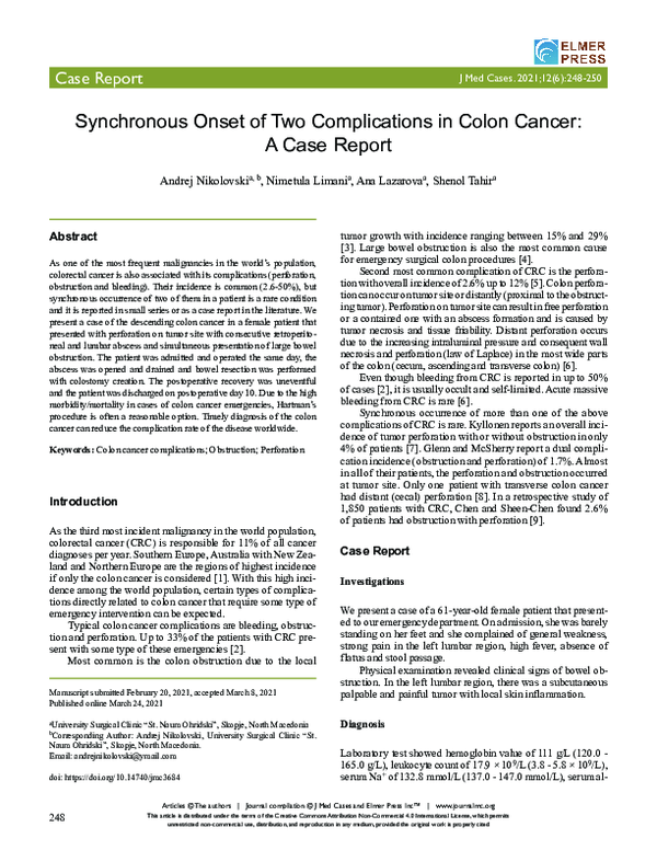 Synchronous Onset of Two Complications in Colon Cancer: A Case Report