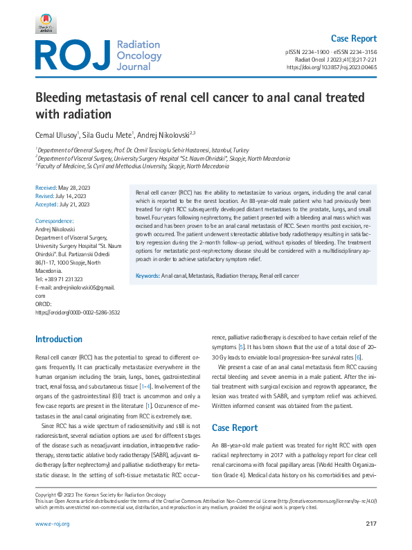 (PDF) Bleeding metastasis of renal cell cancer to anal canal treated ...
